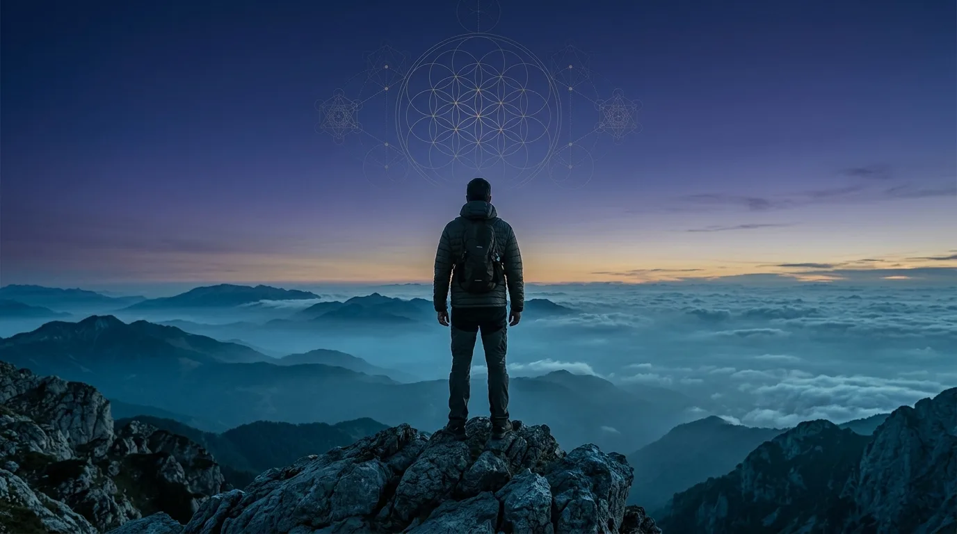 A solitary figure on a mountain peak at twilight, with faint geometric patterns in the sky — contemplation and alignment
