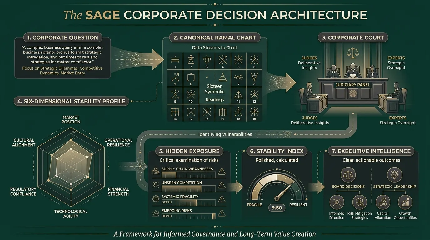 SAGE Corporate Decision Architecture: Ramal chart, Corporate Court, six-dimensional stability profile, Stability Index, and executive intelligence