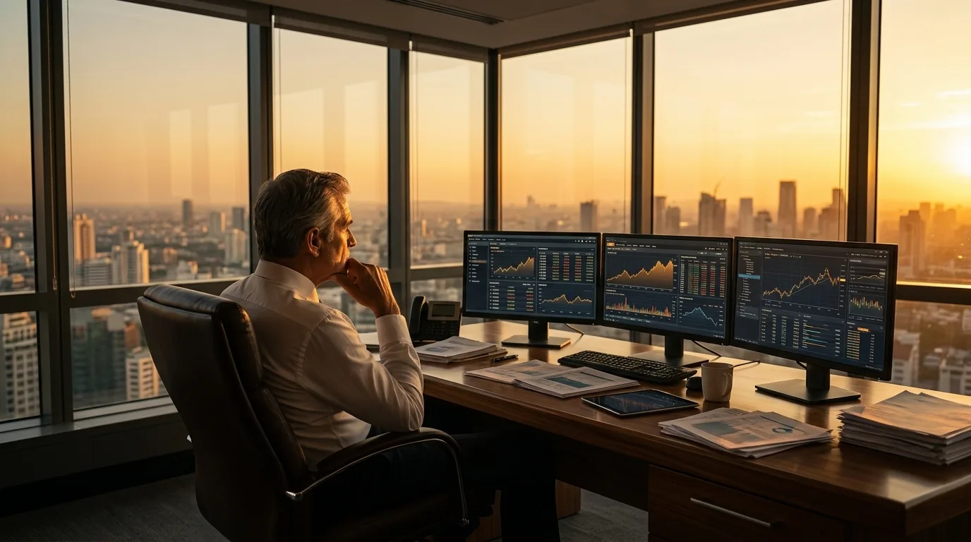 Senior executive contemplating financial data at sunset in a corner office