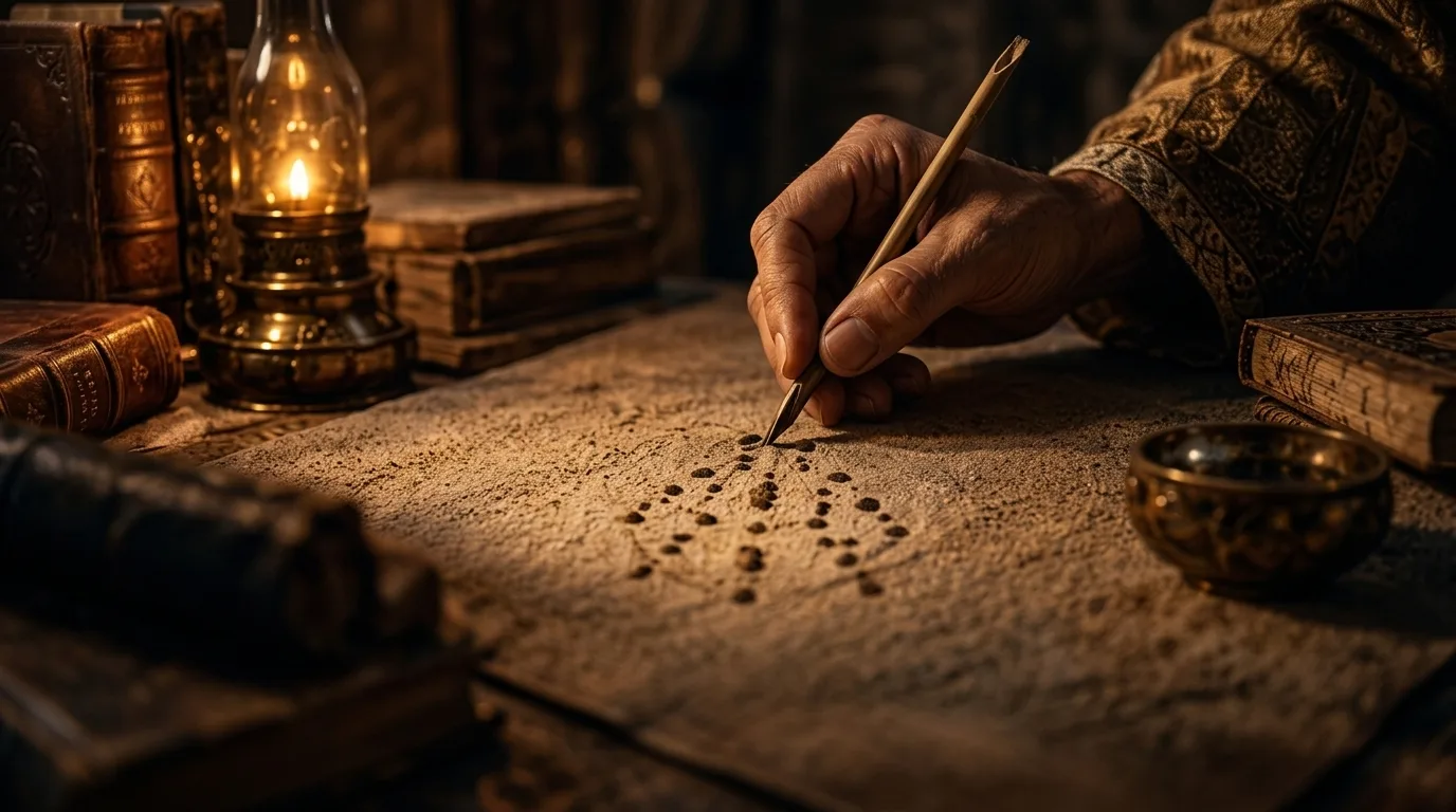 Close-up of a hand marking geomantic dots in sand by candlelight