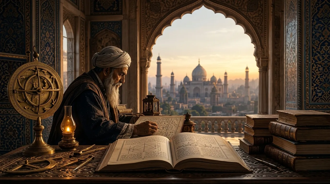 Medieval scholar studying geomantic manuscripts in an ornate arched alcove with a historic city visible beyond